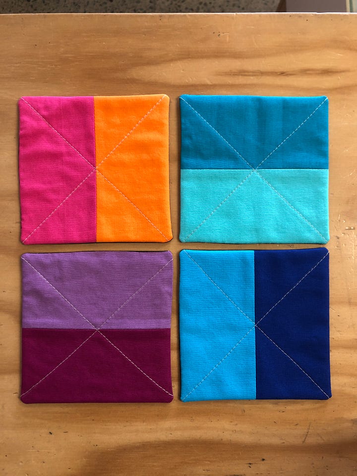 bright coloured patchwork coasters and cushion covers