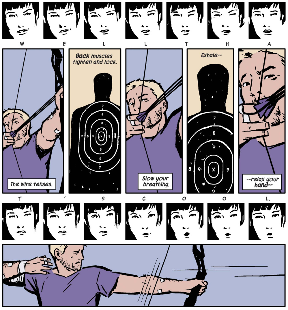 Excerpt] One of my favourite parts about Matt Fraction and David Aja's  Hawkeye run is how they use paneling to turn the very act of shooting a bow  into an art form (