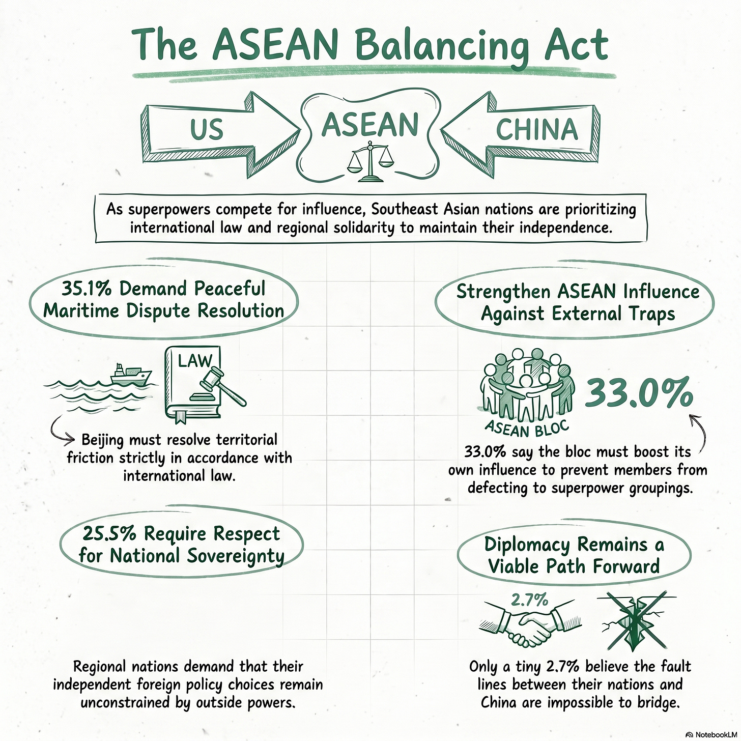An infographic titled "The ASEAN Balancing Act" illustrating how Southeast Asian nations navigate US and China competition by prioritizing international maritime law, national sovereignty, and strengthening the ASEAN bloc.
