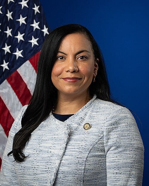 Analilia Mejia official portrait; Hispanic youngish woman with long dark hair; wearing a grey suit; flag behind her.