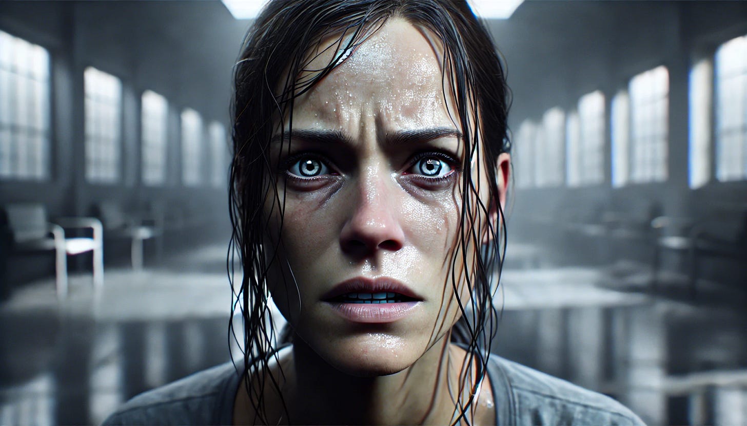 A highly realistic photograph of a woman with a desperate expression, looking directly at the camera as if intensely communicating with the viewer. Her face shows tension and fear, with fine details such as wrinkles, sweat, and uneven hair enhancing the realism. The background is blurred, showing a cold and sterile environment in shades of gray, creating a claustrophobic and oppressive atmosphere. The lighting is harsh and artificial, casting strong shadows that highlight the dramatic features of her face. Created using hyper-realistic skin textures, vivid eyes, HD rendering, fine shadow details, and a cinematic style focused on psychological drama, using a muted and somber color palette for maximum emotional impact.