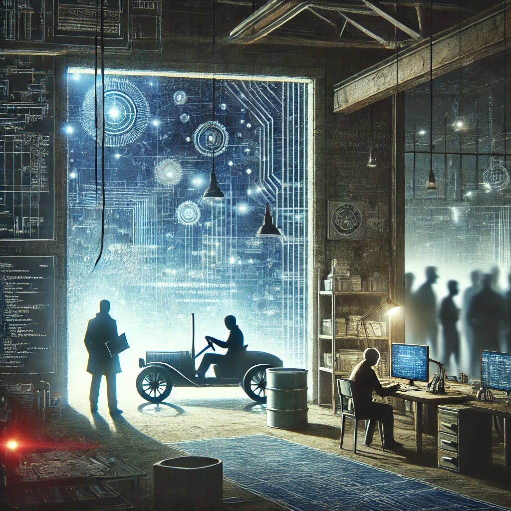 An abstract digital illustration of a lone innovator working in a dimly lit garage or office, surrounded by blueprints, code, and futuristic technology. Outside, a crowd of shadowy figures argues among themselves, oblivious to the breakthrough being built in secret. The scene conveys a sense of quiet determination and innovation happening away from the noise.