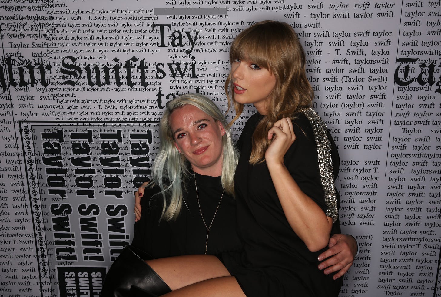 Taken from the Reputation Tour, Taylor wears a black mini dress and sits on my knee and she twirls her hair. The backdrop is a newspaper style clipping, found on the album artwork for Repuation. 