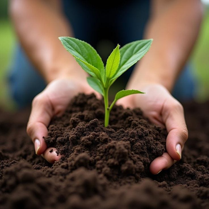 This may contain: a person holding out their hands over dirt with a small green plant in the middle