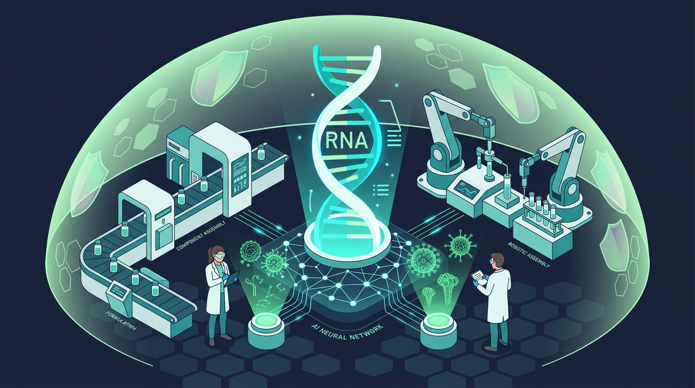 Flat isometric illustration of a giant DNA helix emerging from the center of an AI neural network, robotic laboratory systems assembling vaccine components while scientists observe holographic virus structures surrounding the platform, glowing protective shields expanding outward from the completed design, turquoise, white and soft green color palette, clean vector art style, dark background, modern tech editorial aesthetic