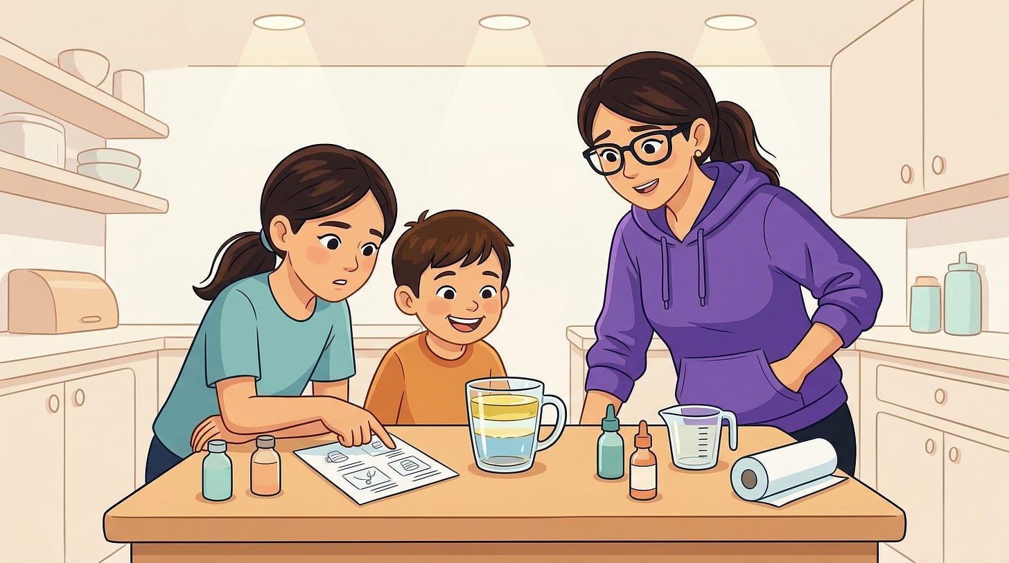 Mom and kids reviewing instructions from AI STEM experiment Mom and kids reviewing instructions from AI STEM experiment