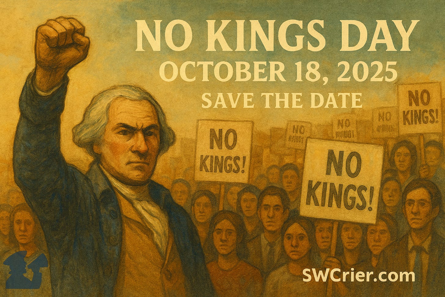 Illustration of George Washington leading the No Kings Day protests