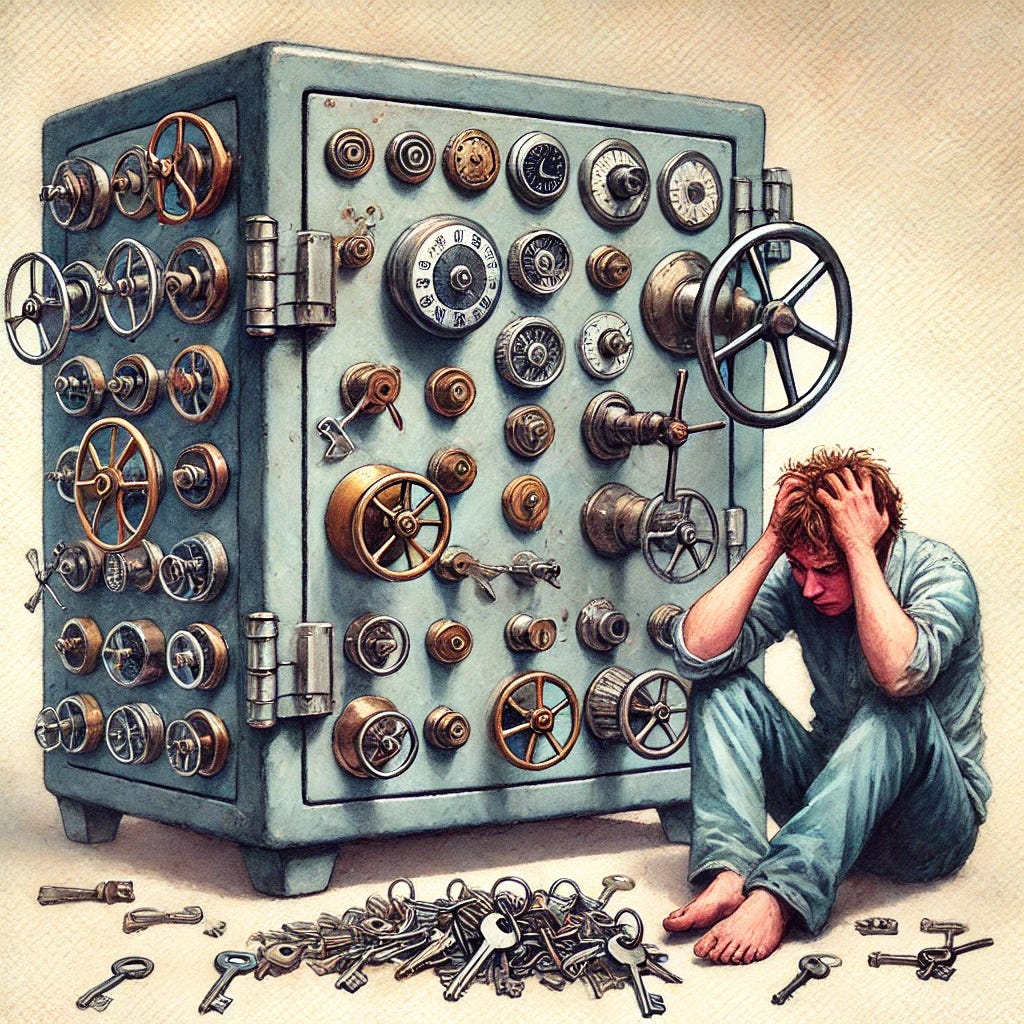 A watercolor painting of an old, intricate safe that is inconveniently hard to open. The safe is covered in an excessive number of locks, dials, and keyholes, with some requiring keys of different shapes and sizes. A frustrated person is sitting beside it, scratching their head while holding a bundle of mismatched keys. The safe has a slightly worn and vintage look, with a mix of brass and steel components. The scene has a soft, painterly quality with gentle brushstrokes and a muted color palette. A watercolor painting of an old, intricate safe that is inconveniently hard to open. The safe is covered in an excessive number of locks, dials, and keyholes, with some requiring keys of different shapes and sizes. A frustrated person is sitting beside it, scratching their head while holding a bundle of mismatched keys. The safe has a slightly worn and vintage look, with a mix of brass and steel components. The scene has a soft, painterly quality with gentle brushstrokes and a muted color palette.