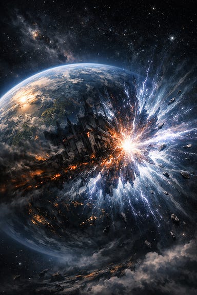 Planet Mystara seen from space as the dimensional barrier ruptures on its nightside