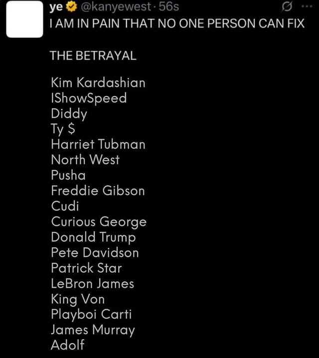 r/Kanye - kanye’s list of ppl who have betrayed him