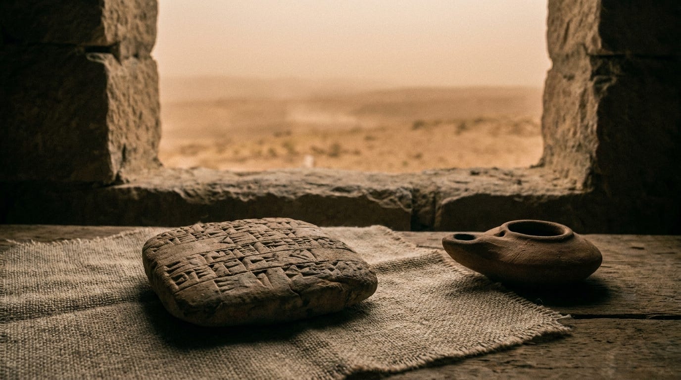 An ancient clay tablet with worn cuneiform lines resting on rough linen beside an unlit oil lamp, a distant plain visible through an open stone window in hazy evening light, no people, no faces, no text