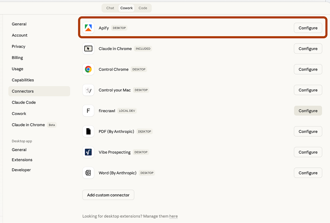 Apify connector configuration dialog in Claude Cowork settings after installation