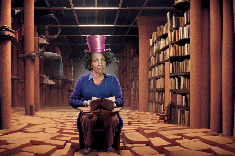 Gabrielle sits and writes at her AI-writing factory