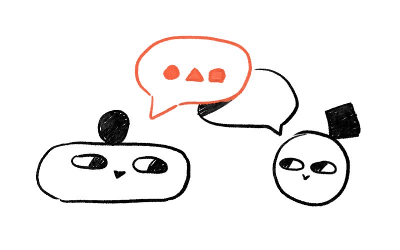 Two characters are talking and there are two speech bubbles, one is red and contains circle, rectangle, and square inside. Plain white background.
