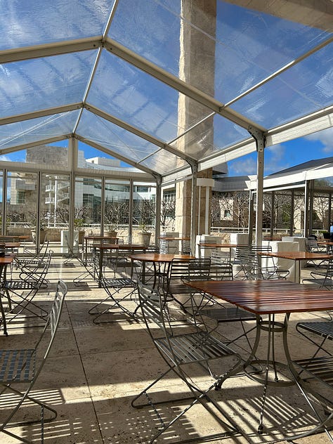 views from the Getty Center of the ocean and DTLA as well as the dining area on a balcony, and works of Van Gogh and Monet