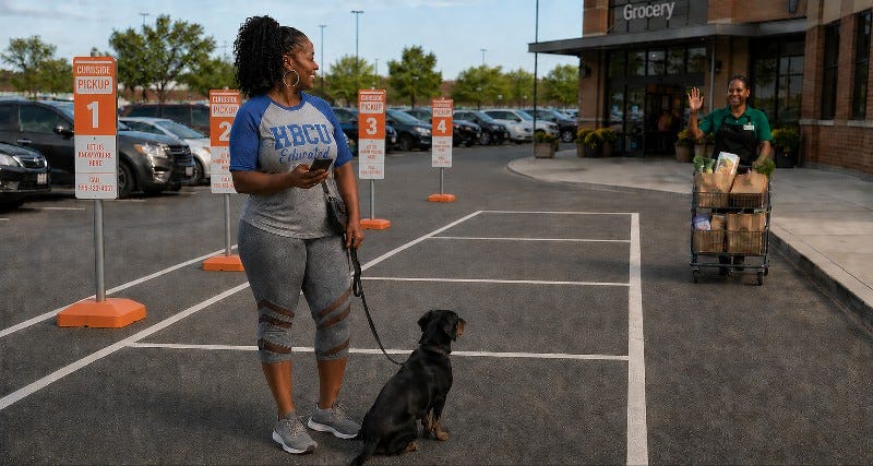 Black woman with dog waits in curbside pickup space with a Black dog. A grocery store employee waves while walking toward her with a cart.