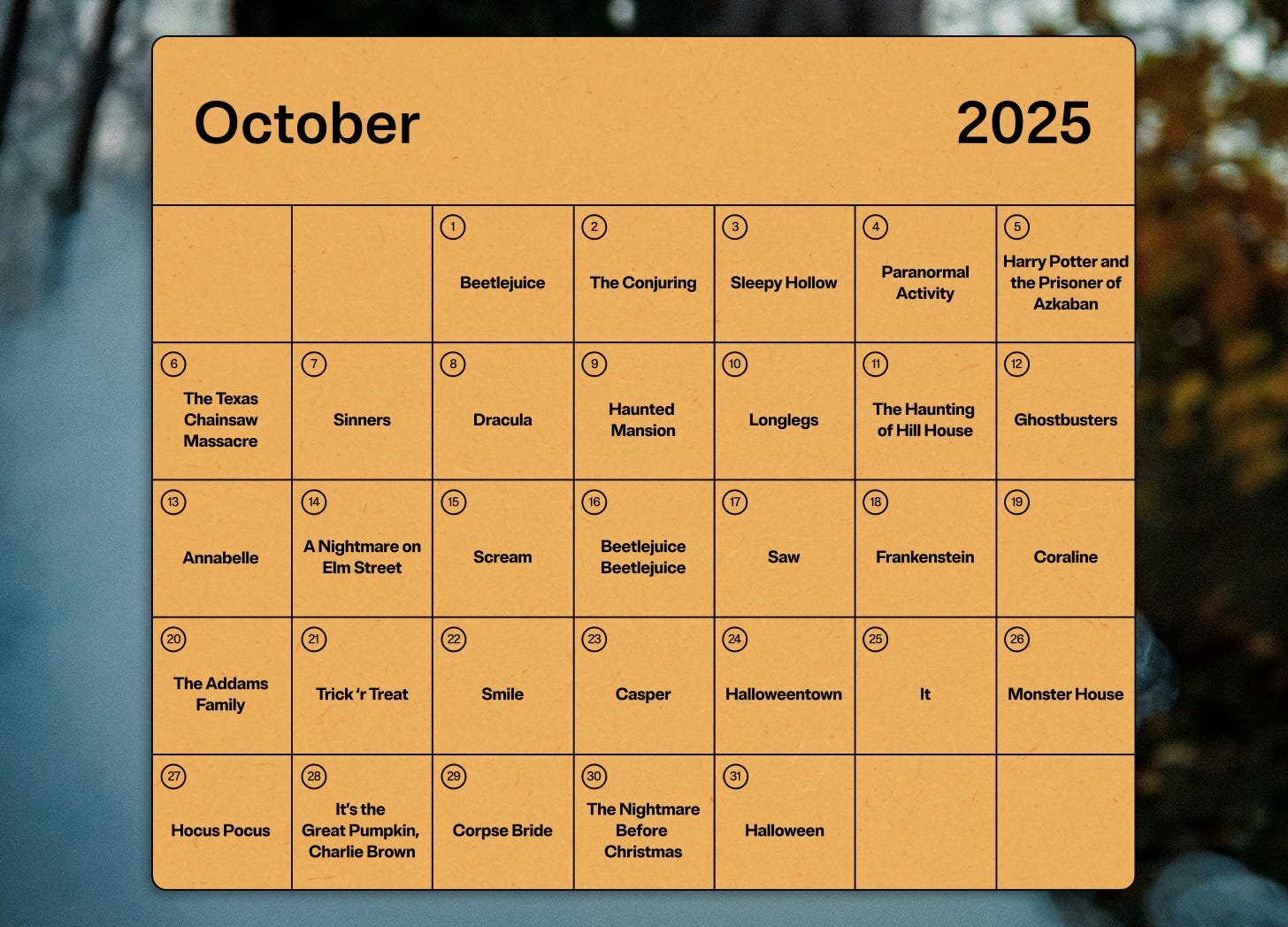 An October calendar with a movie title on each day