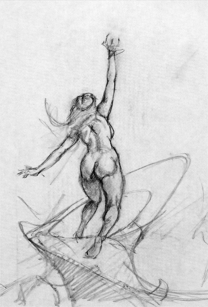 LEFT: Figure detail from LAMARCHOS featuring a naked woman crouched on an abstract purple perch. Her position with arms upraised is angled not quite towards but past an enormous spherical spaceship. A delicate circlet runs around her head and over long dark hair. RIGHT: Figure sketch in pencil for LAMARCHOS featuring a nude female figure standing atop an abstract shape with her right arm raised with fingers tensed upright like a claw. Her left leg is forward and the trail of her long hair swishes with movement. Her left hand is thrust out to the side, presumably for balance.