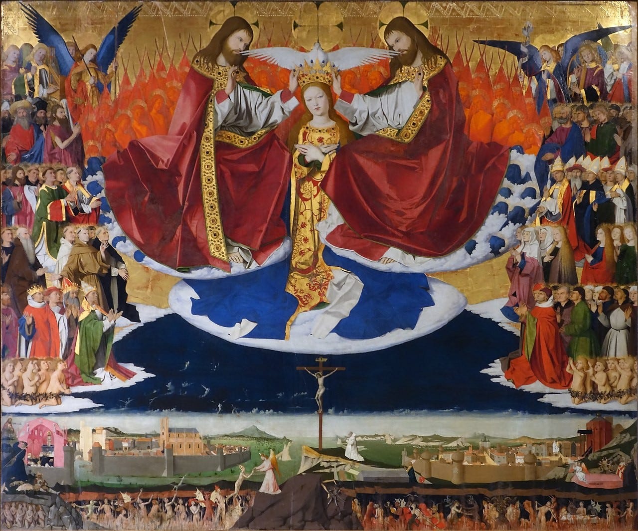 Quarton's Coronation of the Virgin: two identical figures in red lower a crown onto the Virgin's head, with a dove between them and a crowd of the living and the dead below Quarton's Coronation of the Virgin: two identical figures in red lower a crown onto the Virgin's head, with a dove between them and a crowd of the living and the dead below