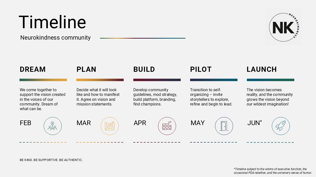 Timeline for the launch of the Neurokindness community, from February to Jun, moving each month through Dream, Plan, Build, Pilot and Launch.
