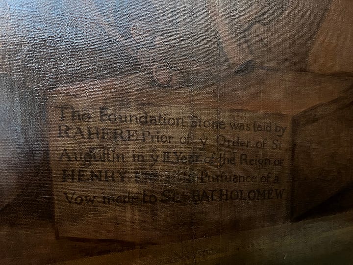 Selections from the cartouches in the Hogarth Stair depicting scenes from the foundation of St Bartholomew's Hospital.