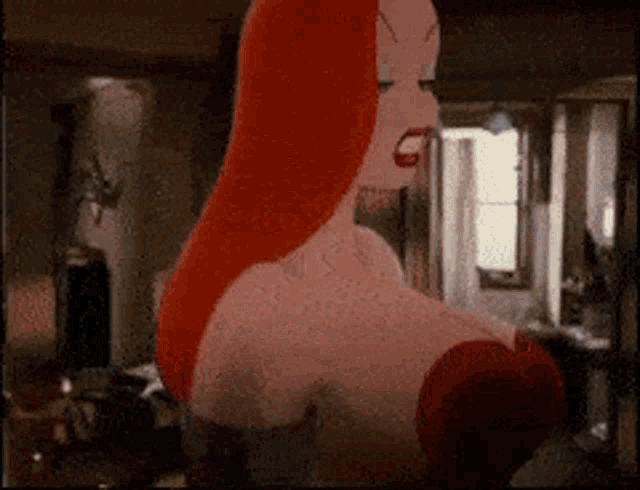 a cartoon of a woman with long red hair is standing in a room
