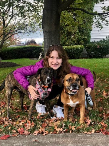 Lady crouching in grass with 2 dogs Lady crouching in grass with 2 dogs