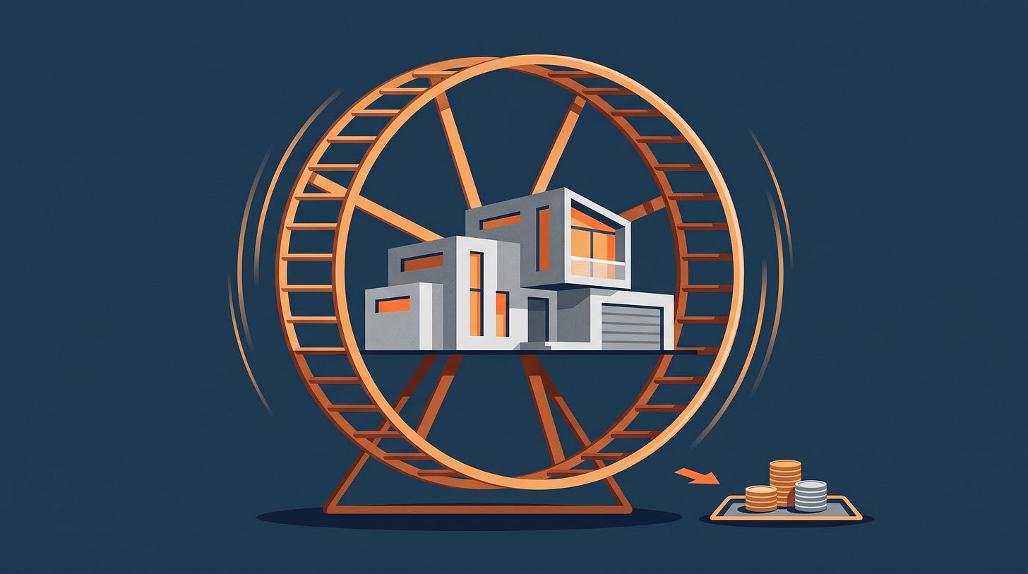 A house running on a hamster wheel while a tray of coins sits out of reach