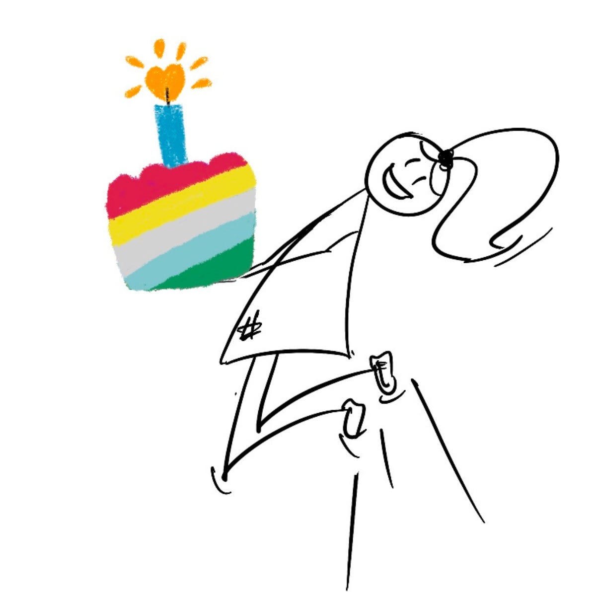 A Disability Writer 🦮 graphic of stick figure Lilly holding a cake to celebrate Disability Pride with the Disability Pride flag colours.