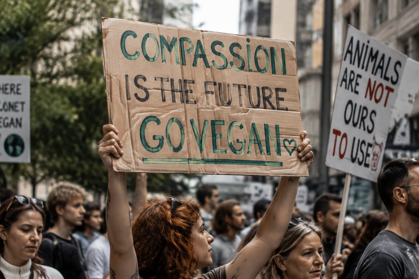 A realistic street-level photo of a vegan animal rights rally in a city, with a diverse crowd of activists holding handmade signs. A person in the center raises a cardboard sign reading “Compassion Is the Future, Go Vegan,” while other signs promote animal protection and plant-based living.