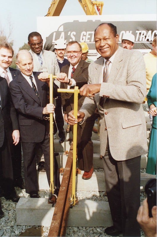 Mayor Tom Bradley, forefront, at Metro Blue Line Groundbreaking, 1985.
