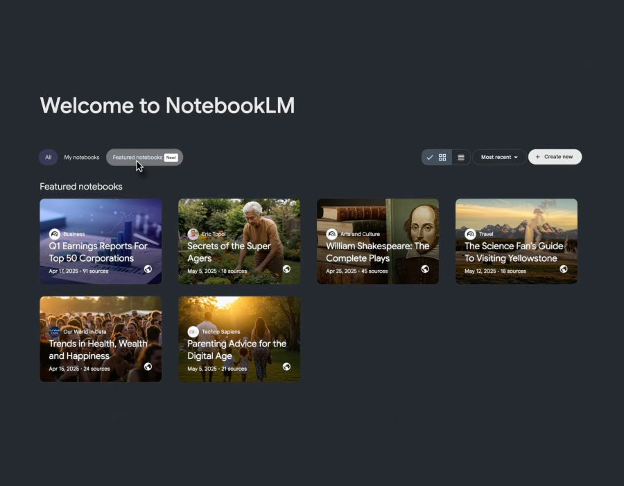 An image of Google’s featured notebooks in NotebookLM