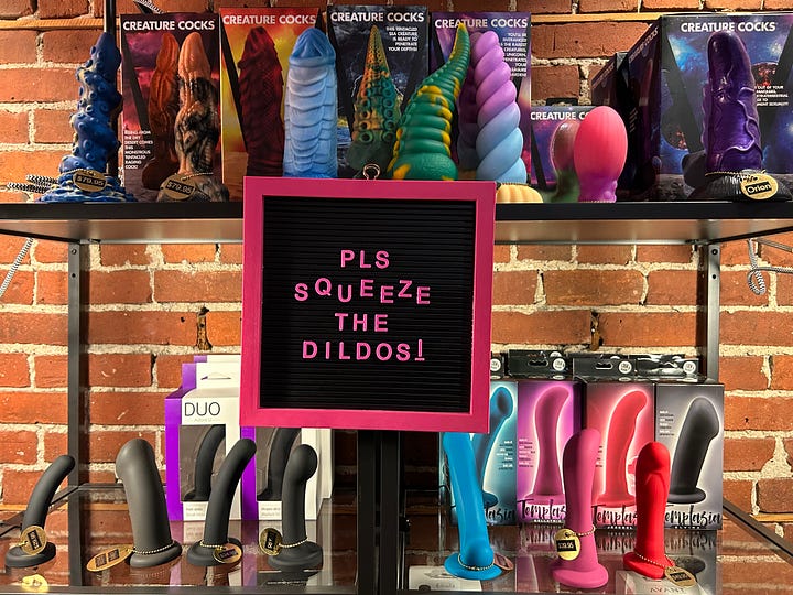 four interior shots of Venus Envy, colourful vibrators, books and Ry