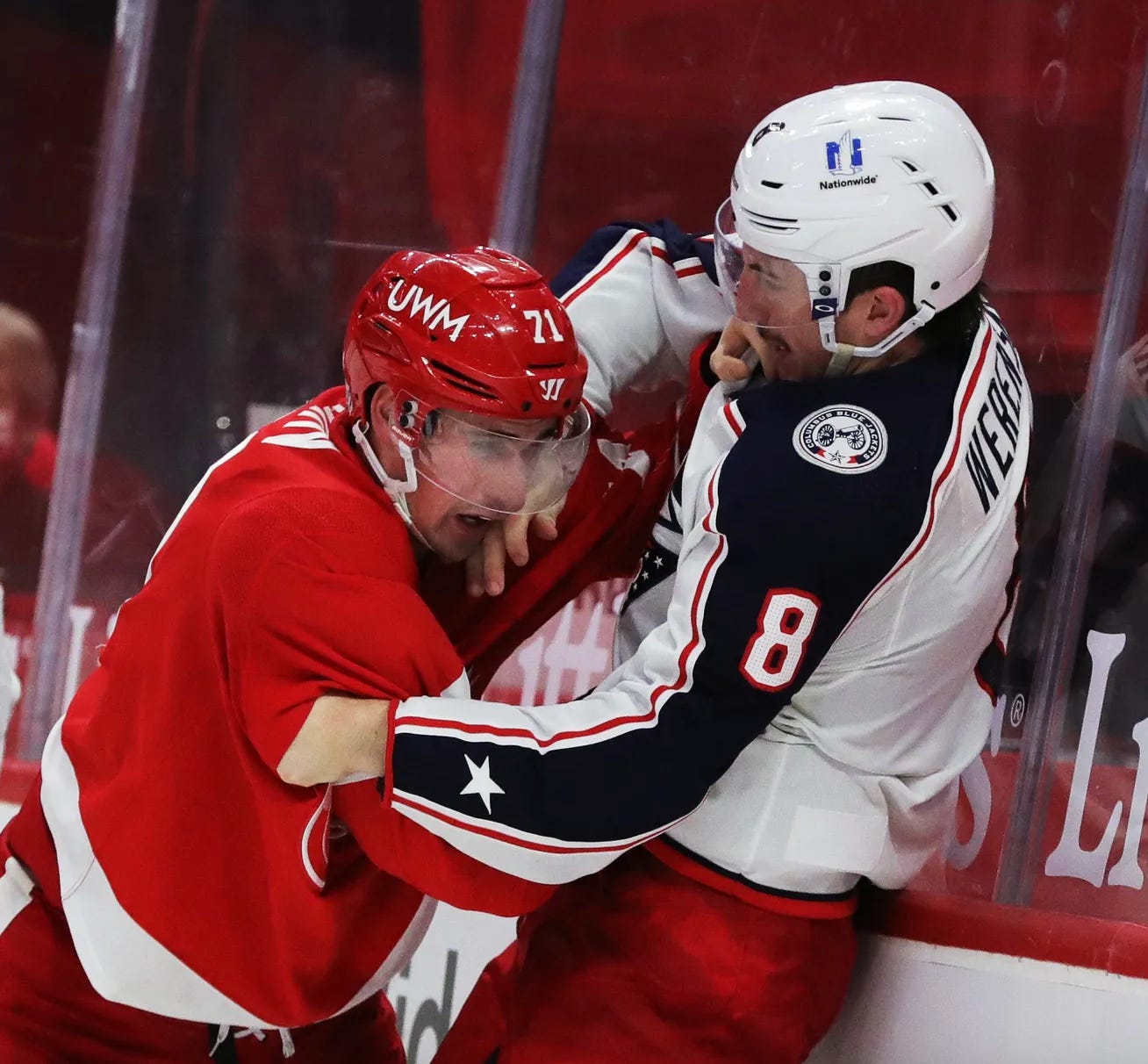 Dylan Larkin and Zach Werenski fighting. Credit to Detroit Free Press Dylan Larkin and Zach Werenski fighting. Credit to Detroit Free Press