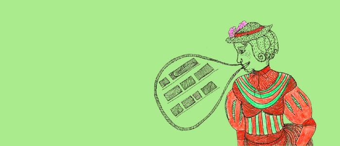 a drawing of a woman in pseudo-historical dress. A speech bubble contains lined boxes, no language.