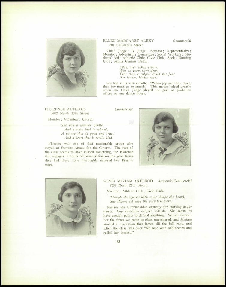 A page from a high school yearbook with photos of three young women