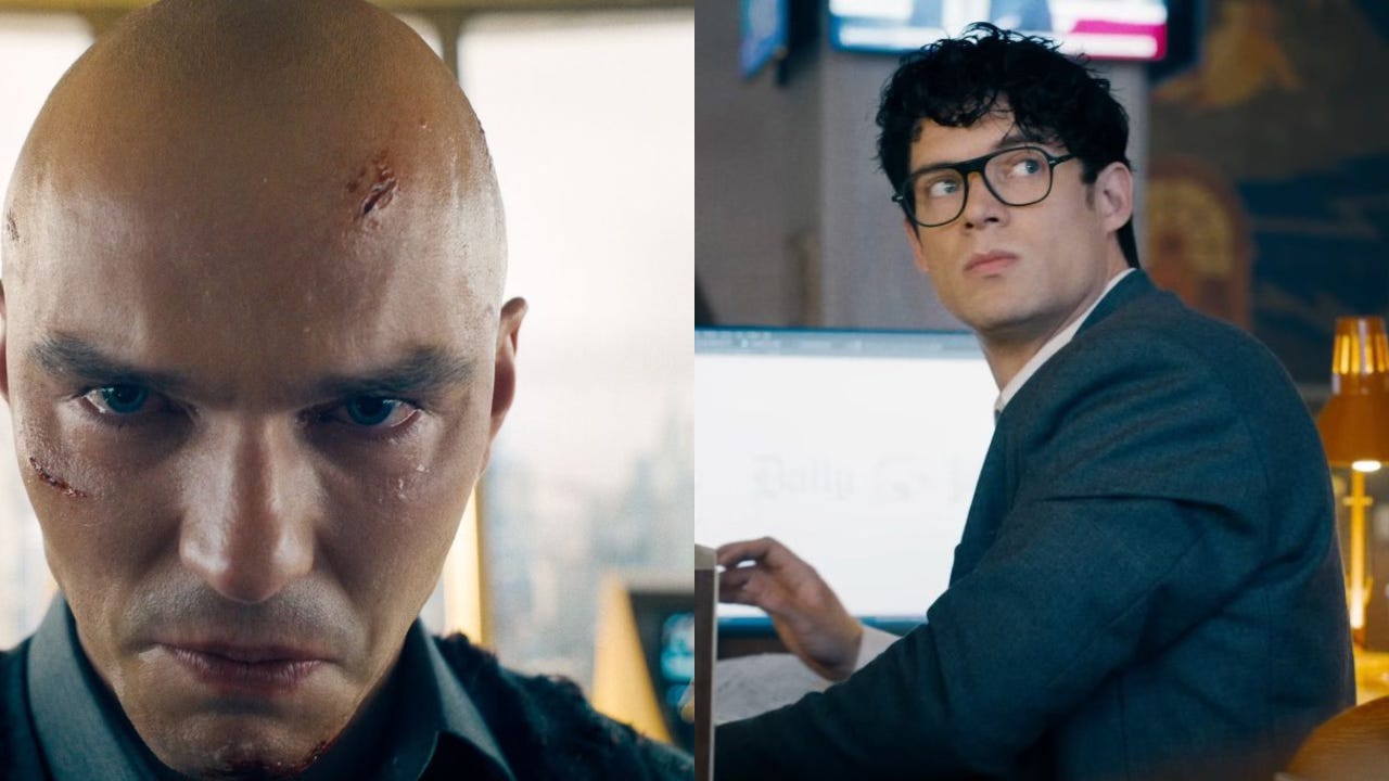Nicholas Hoult como Lex Luthor e David Corensweat como Clark Kent em imagem que os une lado a lado. Nicholas é branco, de olhos azuis, rosto esguio e careca; David como Kent usa terno preto e óculos pretos sob o rosto.