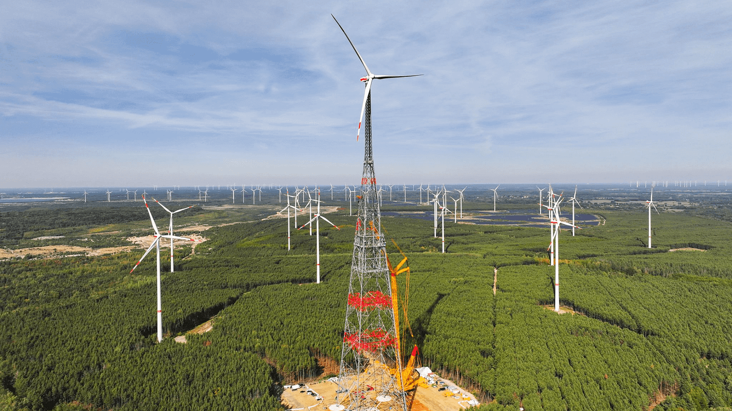 A 1,197-foot wind turbine has reached its full height in Germany, making it the world’s tallest wind turbine.