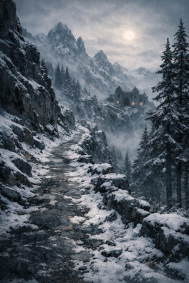 Mountain road from Tsolenka Pass to the Amber Temple, narrow snow‑covered path winding through frostbitten pines and jagged stone, pale sun casting thin light, distant peaks looming, Barovian Gothic atmosphere Mountain road from Tsolenka Pass to the Amber Temple, narrow snow‑covered path winding through frostbitten pines and jagged stone, pale sun casting thin light, distant peaks looming, Barovian Gothic atmosphere