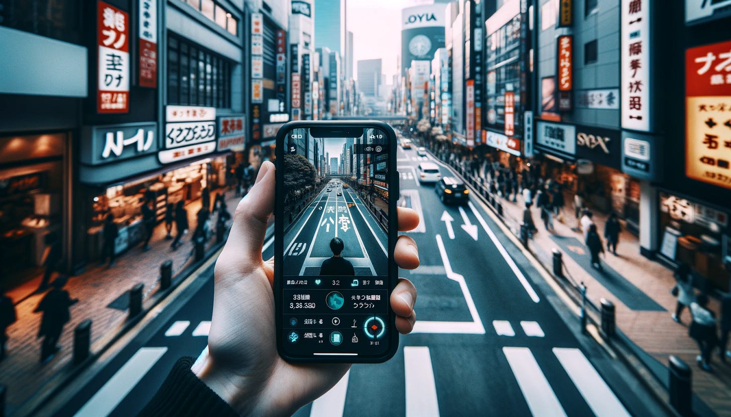 The phone now shows a picture of the street itself. There is a person on the phone screen. We can see them from behind.
