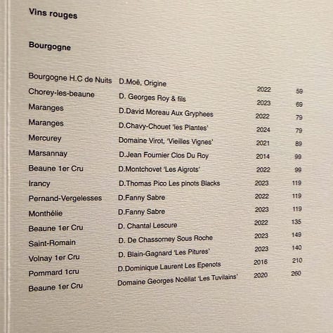 Wine list at Mantra restaurant in Paris