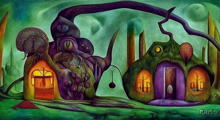 AI-generated image based on prompt: Fantasy cottage in an otherworldly forest on an alien planet by Frida Kahlo