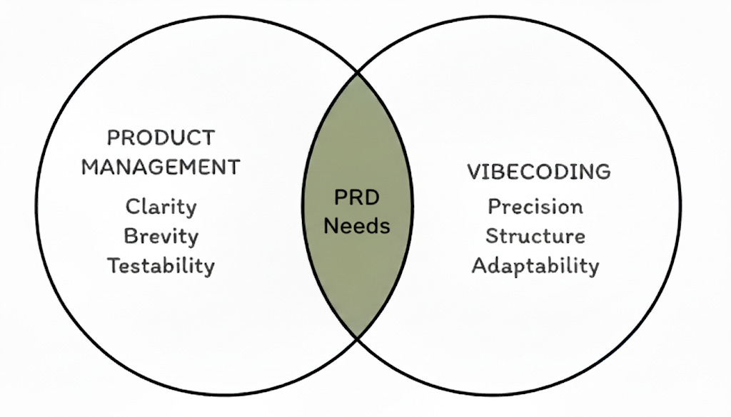 A Venn diagram with two circles. The left circle is labeled Product Management with the words “Clarity, Brevity, Testability.” The right circle is labeled Vibecoding with the words “Precision, Structure, Adaptability.” The overlapping center is shaded and labeled PRD Needs, representing the combined qualities required for an effective Product Requirements Document. Illustration by Karo from Product With Attitude.