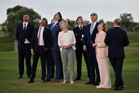 1. Vice President Kamala Harris appears with her SNL impersonator Maya Rudolph during the show’s pre-election cold open in New York. Haiyun Jiang—The New York Times/Redux. 2. Elon Musk joins Donald Trump at a Butler, Pennsylvania rally where the former president survived an assassination attempt three months earlier. Jim Watson—AFP/Getty Images. 3. G7 leaders gather to watch a parachute demonstration on the opening day of the 50th summit at San Domenico Golf Club in Fasano. Antonio Masiello—Getty Images