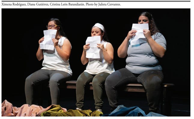 three women with Down syndrome on stage, holding papers to their mouths. three women with Down syndrome on stage, holding papers to their mouths.
