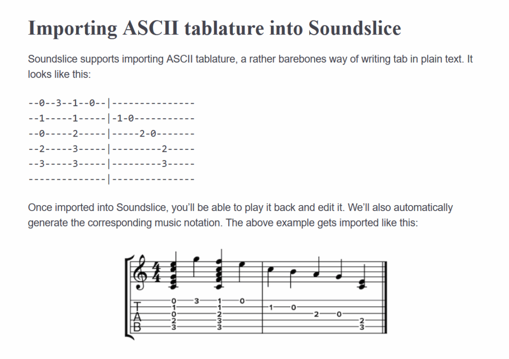 A screenshot of Soundslice's new ASCII tab importer documentation.