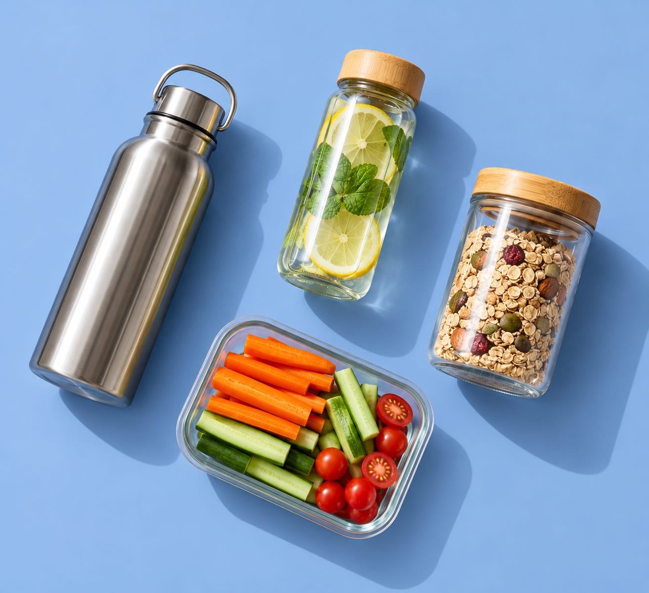 A stainless steel water bottle, a glass bottle with lemon and mint, a glass jar of granola and a glass container of carrot, cucumber and cherry tomatoes on a blue background.