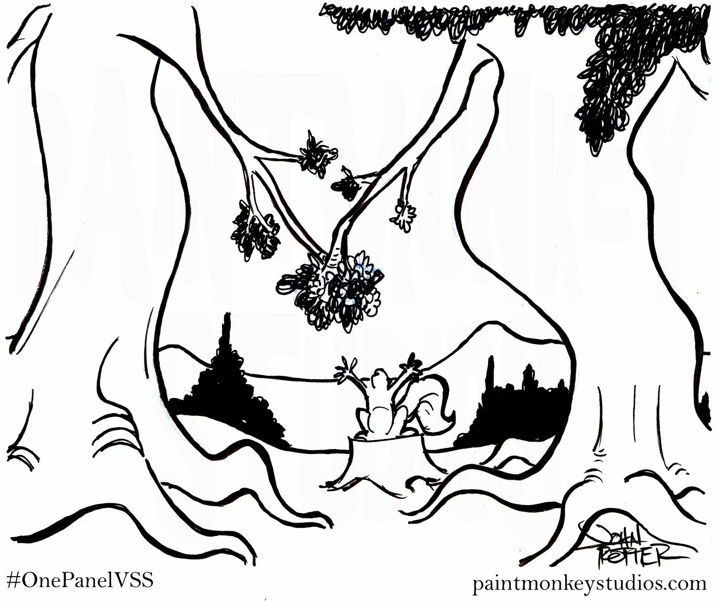 Ink cartoon of trees appearing to hold "hands" while a squirrel raises his arms up on a stump in front of them in a fervor. Ink cartoon of trees appearing to hold "hands" while a squirrel raises his arms up on a stump in front of them in a fervor.