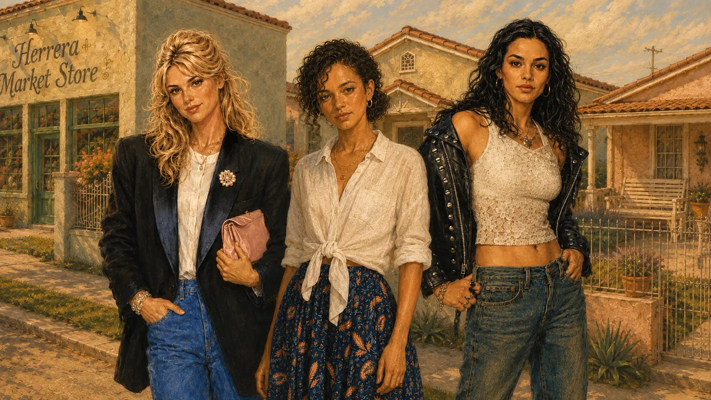 Painterly illustration of Ellie, Lucia, and Penelope standing together in a sunlit 1980s San Diego barrio, with Herrera Market Store and stucco homes behind them. Painterly illustration of Ellie, Lucia, and Penelope standing together in a sunlit 1980s San Diego barrio, with Herrera Market Store and stucco homes behind them.