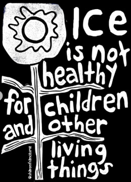 black and white poster illustration of a flower with writing that says "ice is not healthy for children and other living things"